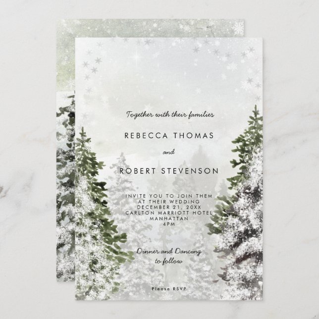 rustic winter trees holiday wedding invitation (Front/Back)
