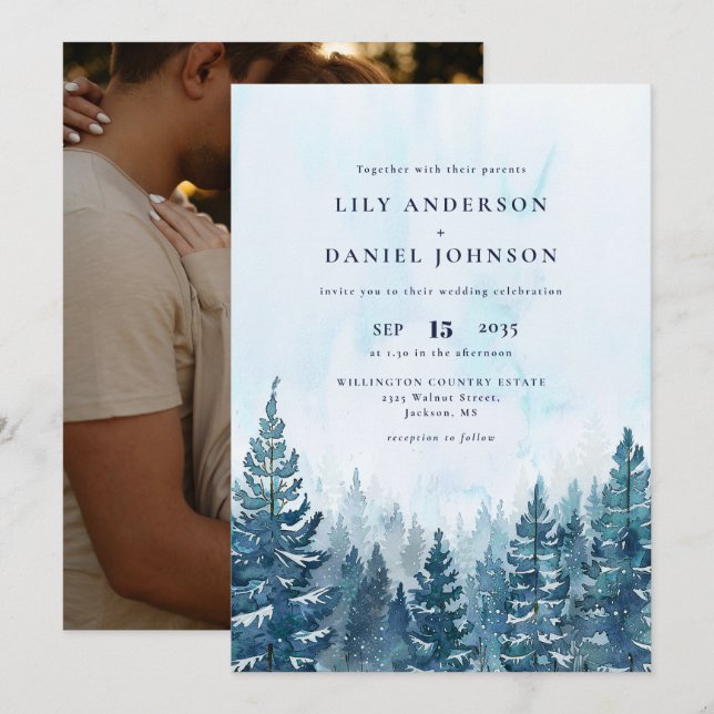 Rustic Winter Watercolor Pine Forest Photo Wedding Invitation (Front/Back)