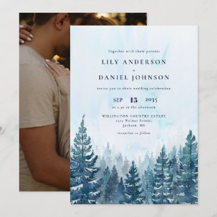 Rustic Winter Watercolor Pine Forest Photo Wedding Invitation