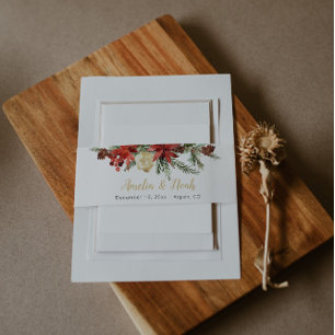 Rustic Winter Wedding Belly Band Evergreen Holly  Invitation Belly Band