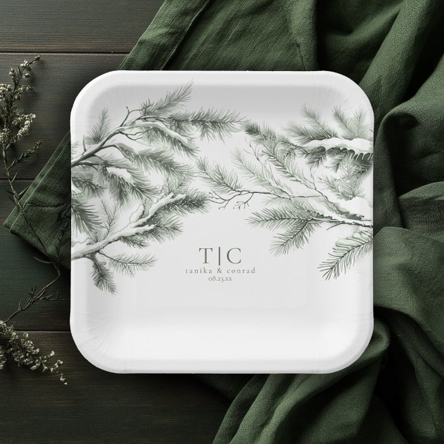 Rustic Winter Wedding Boughs Forest Green ID1049 Paper Plate (Creator Uploaded)