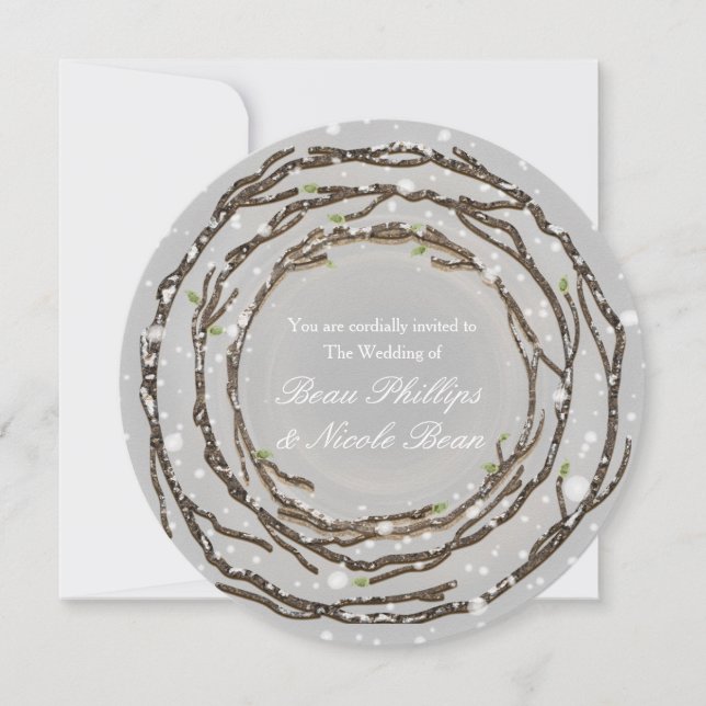 Rustic Winter Wedding Branches & Country Snow Invitation (Front)