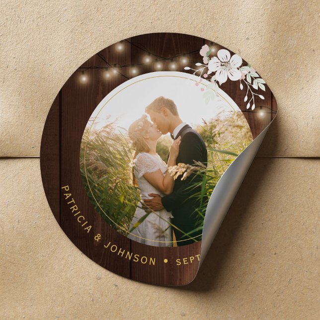 Rustic winter wedding photo personalised wood classic round sticker (Creator Uploaded)