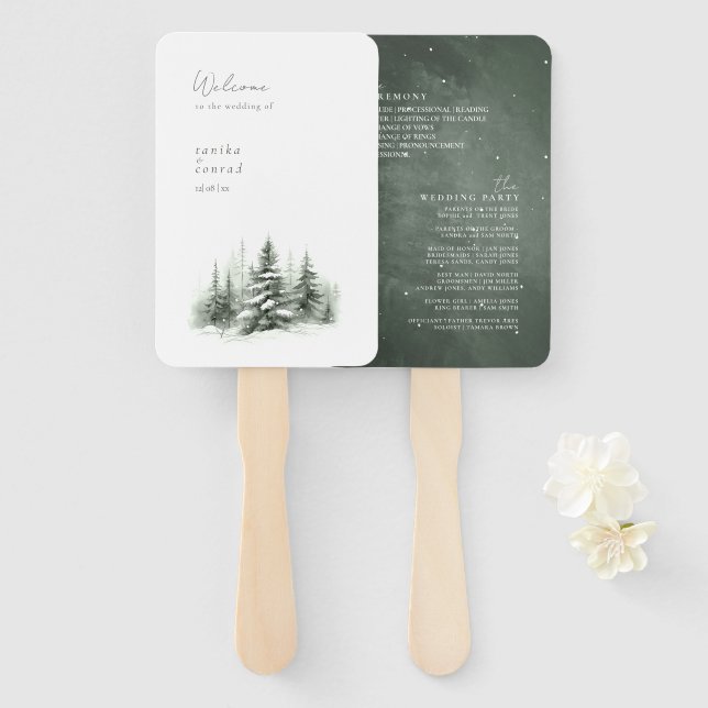 Rustic Winter Wedding Program Forest Green ID1049 Hand Fan (Front and Back)