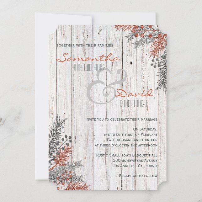 Rustic Winter Whitewashed Wood Wedding Invitation (Front)