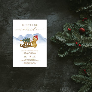 Rustic Winter Woodland Sleigh Bear Baby Shower Invitation