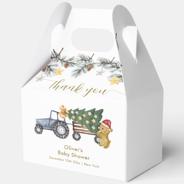 Rustic Winter X'mas Tree Tractor Bear Baby Shower  Favour Box (Front)