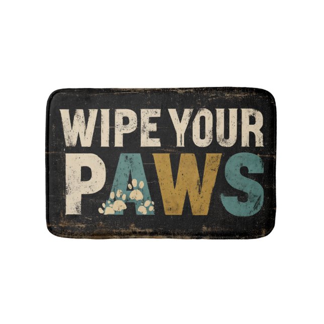 Rustic "Wipe Your Paws" Sign with Paw Prints Bath Mat (Front)