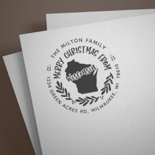 Rustic Wisconsin Merry Christmas Return Address Rubber Stamp
