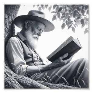 Rustic Wisdom: Bearded Man Reading Outdoors Photo Print
