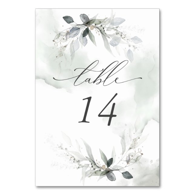 Rustic Wispy Grey Green Watercolor Leaves  Table Number (Front)