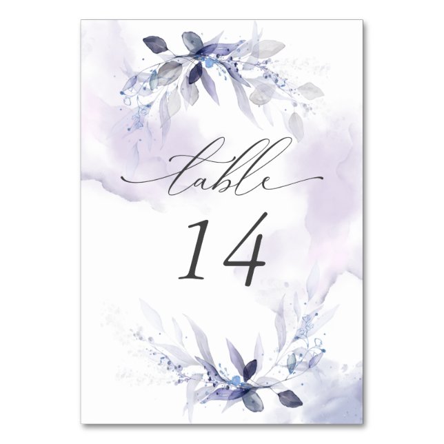 Rustic Wispy Violet Watercolor Leaves Table Number (Front)