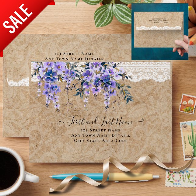 Rustic Wisteria Floral Lace Wedding A6 Envelope (Creator Uploaded)