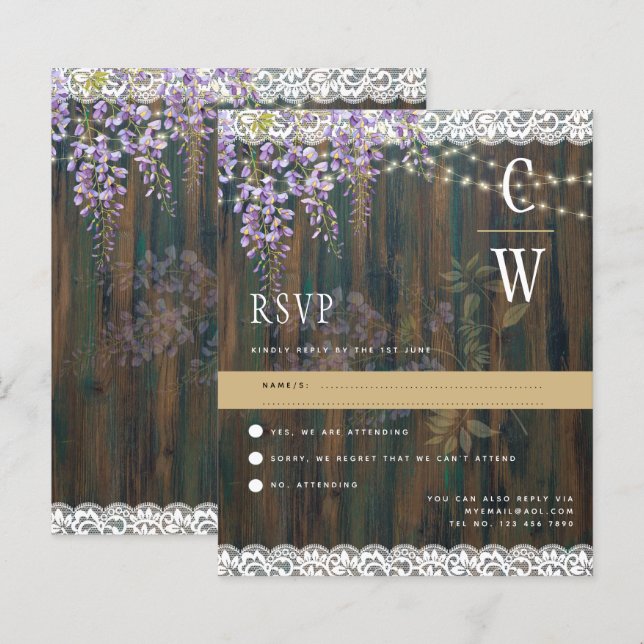 Rustic Wisteria Lace Lights Wood Wedding RSVP (Front/Back)