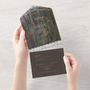 Rustic Wisteria Wood Lace Lights Purple Wedding All In One Invitation