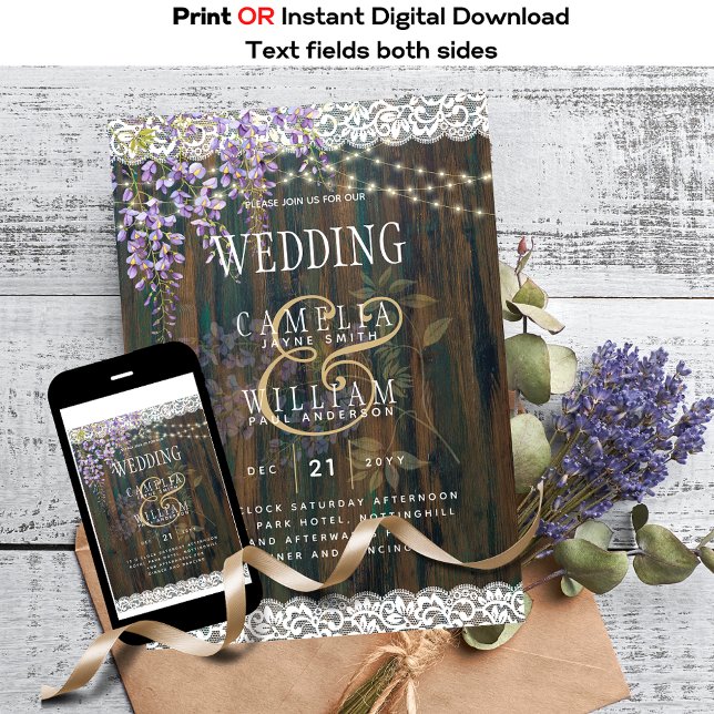 Rustic Wisteria Wood Print or Digital Wedding Invitation (Creator Uploaded)