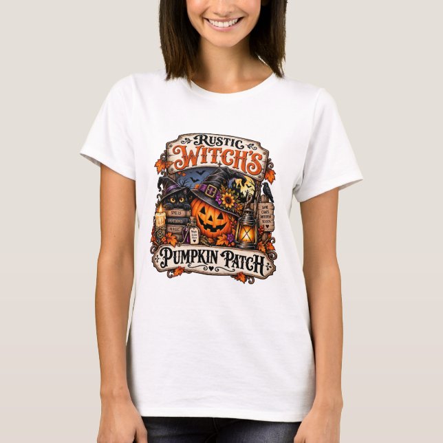 Rustic Witch’s Pumpkin Patch Halloween T-Shirt (Front)