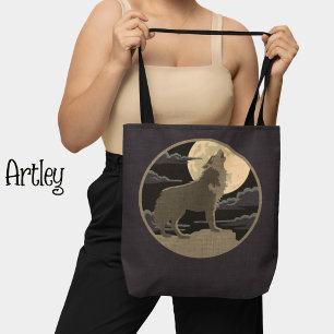 Rustic Wolf Howling at the Moon Nature Scene Tote Bag