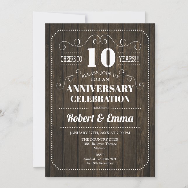 Rustic Wood 10th Wedding Anniversary Party Invitation (Front)