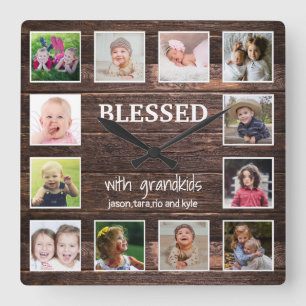 Rustic Wood 12 Photo Blessed With Grandchildren   Square Wall Clock