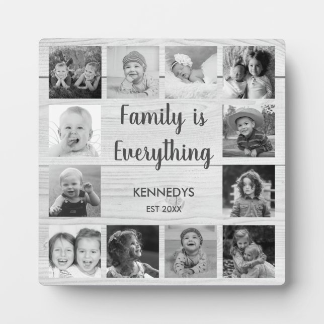 Rustic Wood 12 Photo Collage Black And White  Plaque (Front)