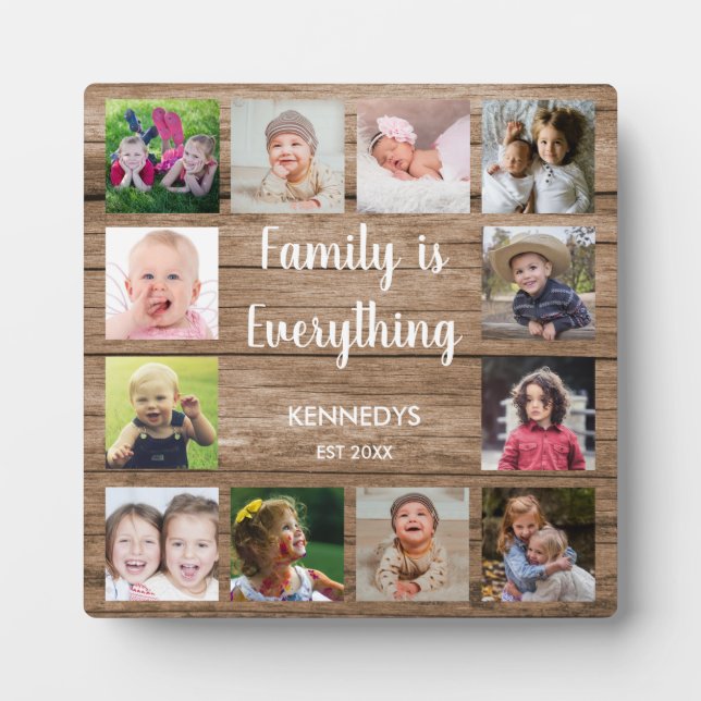 Rustic Wood 12 Photo Collage Family Plaque (Front)