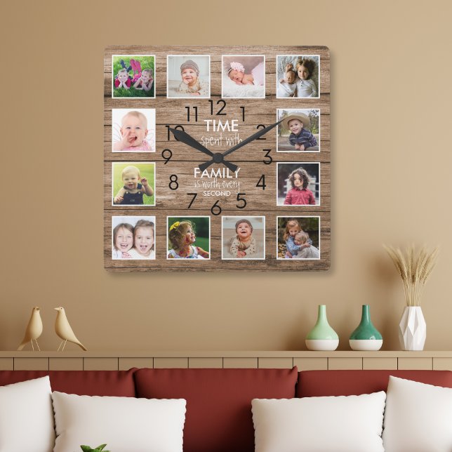 Rustic Wood 12 Photo Collage Family Time Quote Square Wall Clock (Creator Uploaded)