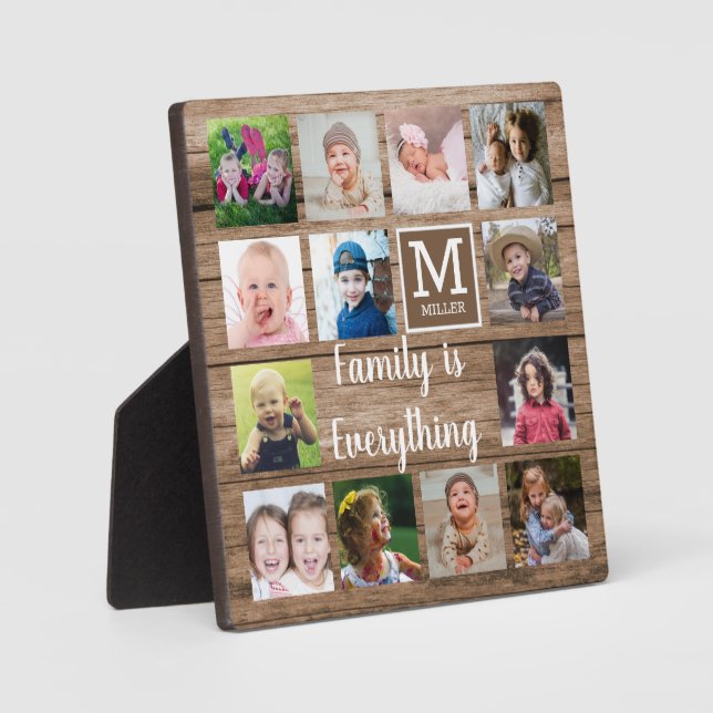 Rustic Wood 13 Photo Collage Family Monogram Plaque (Front)