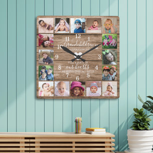 Rustic Wood 16 Photo Collage Grandchildren Quote Square Wall Clock