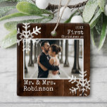 Rustic Wood 1st Christmas Mr. & Mrs. Photo Ceramic Ornament<br><div class="desc">Customise this ornament with your wedding photo and add your last name along with the year for this great Christmas keepsake.</div>