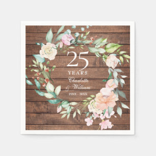 Rustic Wood 25th Silver Wedding Anniversary Floral Napkin