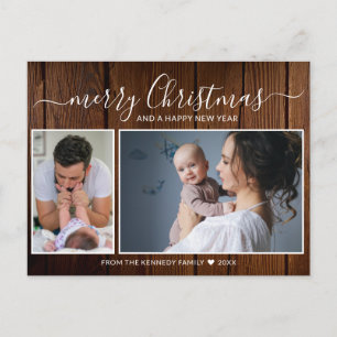 Rustic Wood 2 Family Photo Collage Merry Christmas Holiday Postcard