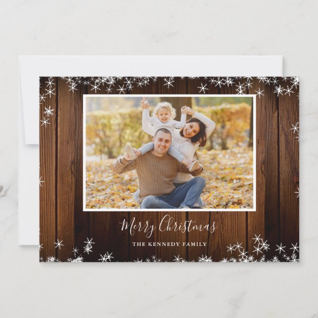 Rustic Wood 2 Family Photo Merry Christmas Holiday Card (Front)