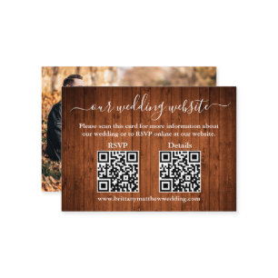 Rustic Wood 2 QR Photo Wedding RSVP Details Enclosure Card