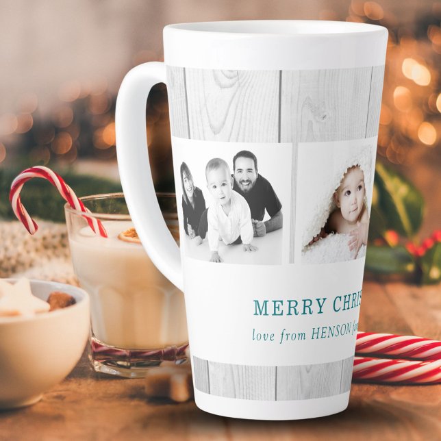 Rustic Wood 3 Family Photo Collage Christmas Latte Mug (Creator Uploaded)