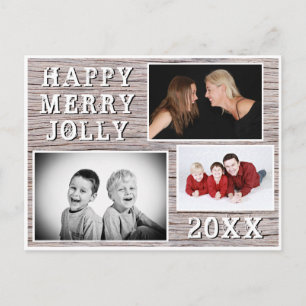 Rustic Wood 3 Photo Collage Family Holiday Card