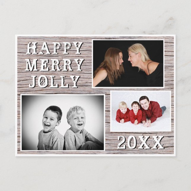 Rustic Wood 3 Photo Collage Family Holiday Card (Front)