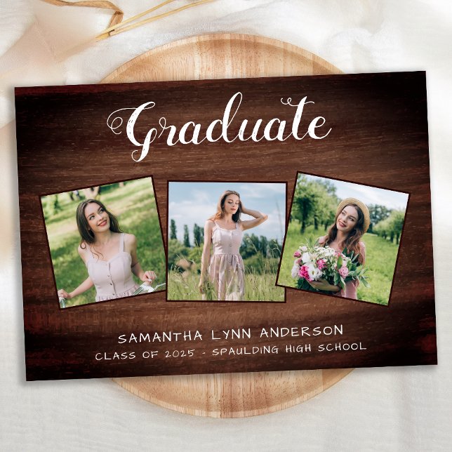 Rustic Wood 3 Photo Collage Graduation Invitation (Creator Uploaded)