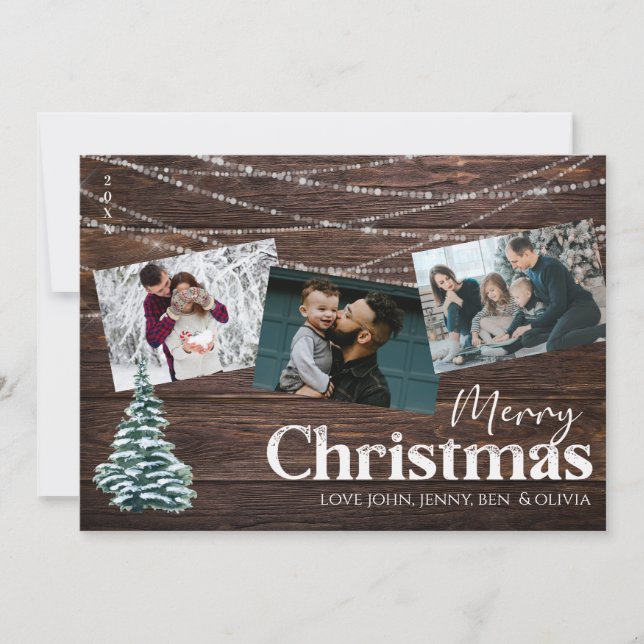 Rustic Wood 3 Photo Merry Christmas Card with Tree (Front)