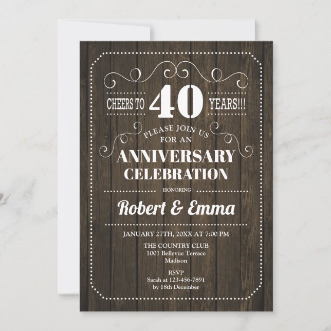 Rustic Wood 40th Wedding Anniversary Party Invitation (Front)