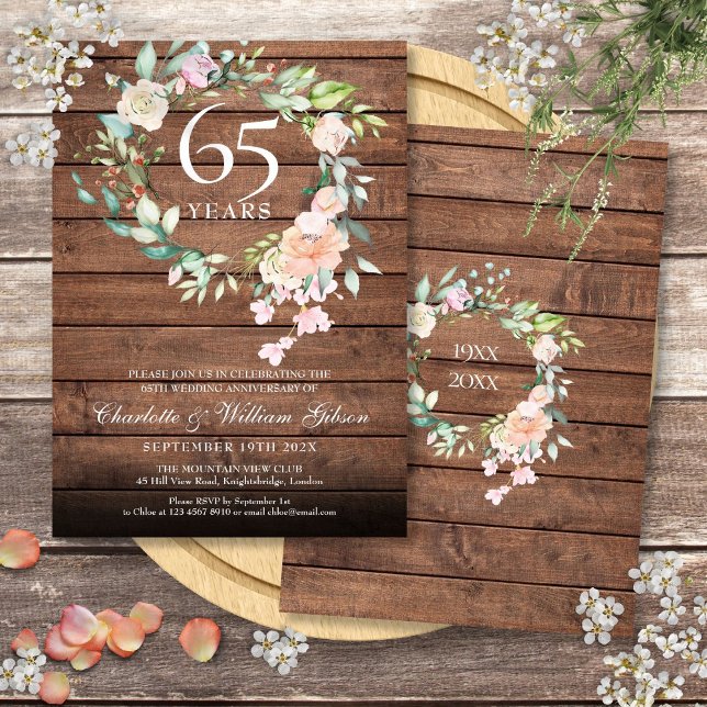 Rustic Wood 45th 65th Wedding Anniversary Floral Invitation (Rustic Wood 45th 65th Wedding Anniversary Floral Invitation)