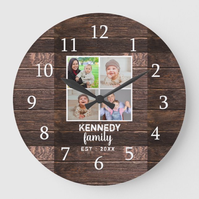Rustic Wood 4 Family Photo Collage Large Clock (Front)