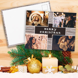 Rustic Wood 4 Photo Collage Christmas Picture Postcard
