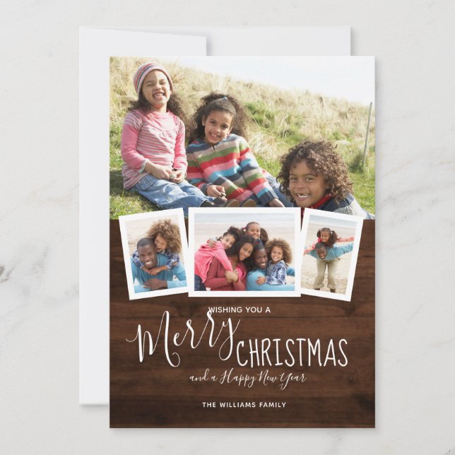 Rustic Wood  4 Photo Collage Merry Christmas Holiday Card (Front)
