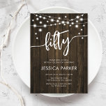 Rustic Wood 50th Birthday Party Invitation<br><div class="desc">50th Birthday Party Invitation. Rustic design with dark brown wood pattern. Classy invite card featuring fairy string lights and script font. Perfect for a stylish fiftieth bday celebration. Personalize with your own details. Can be customized for any age! Printed Zazzle invitations or instant download digital printable template.</div>