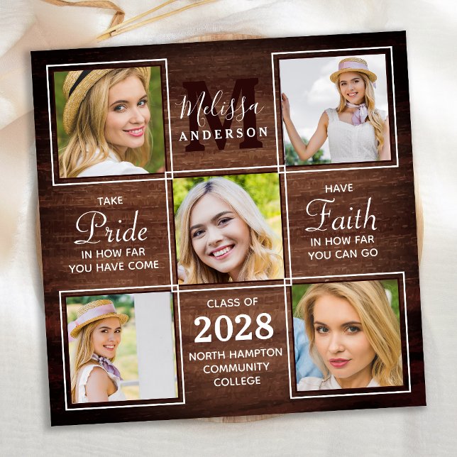 Rustic Wood 5 Photo Collage Graduation Announcement (Creator Uploaded)