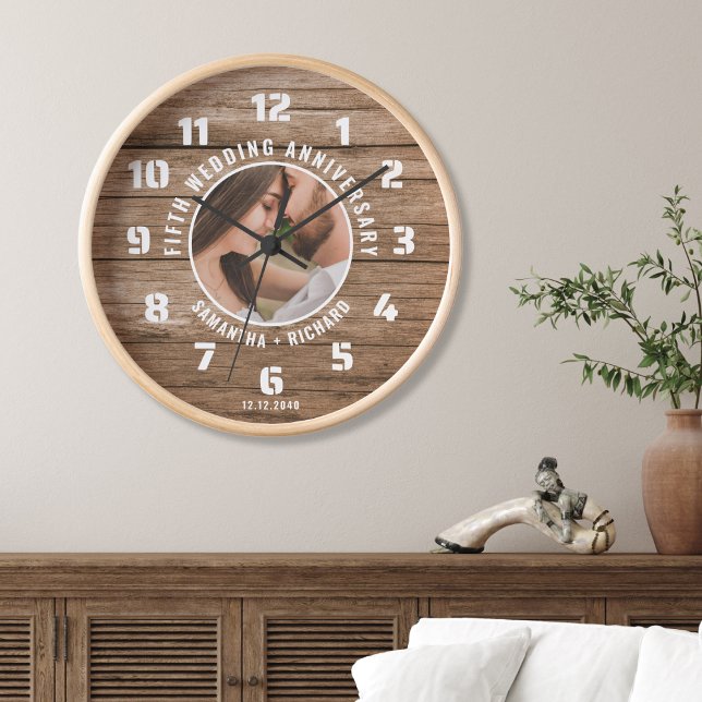 Rustic Wood 5th Wedding Anniversary Couple Photo  Clock (Rustic Wood 5th Wedding Anniversary Couple Photo Clock)