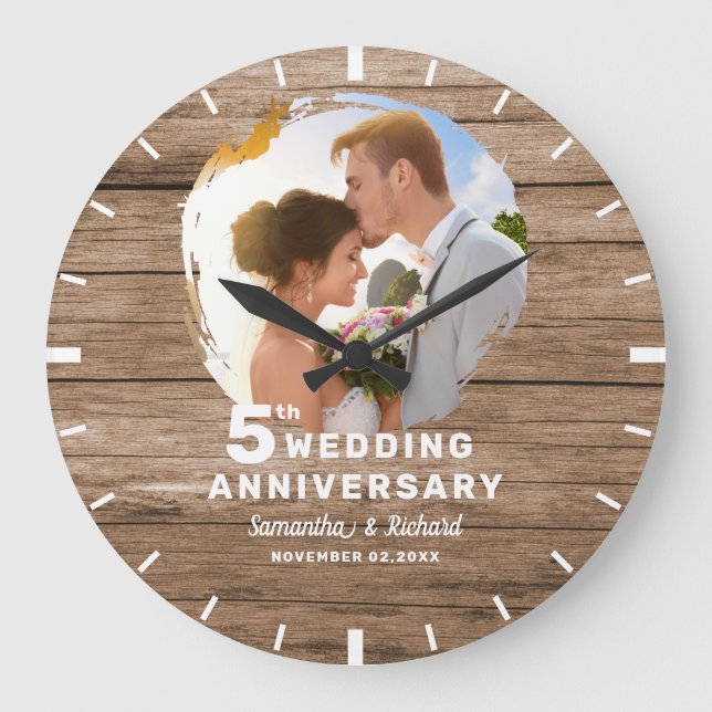 Rustic Wood 5th Wedding Anniversary Couple Photo   Large Clock (Front)