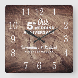 Rustic Wood 5th Wedding Anniversary Personalised Square Wall Clock