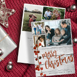 Rustic wood 6 photo collage Merry Christmas  Holiday Card<br><div class="desc">Rustic wood stylish Merry Christmas holiday card with modern handwritten calligraphy script,  6 custom family photos,  and your personalised text featuring a crimson red holy berries branch.</div>